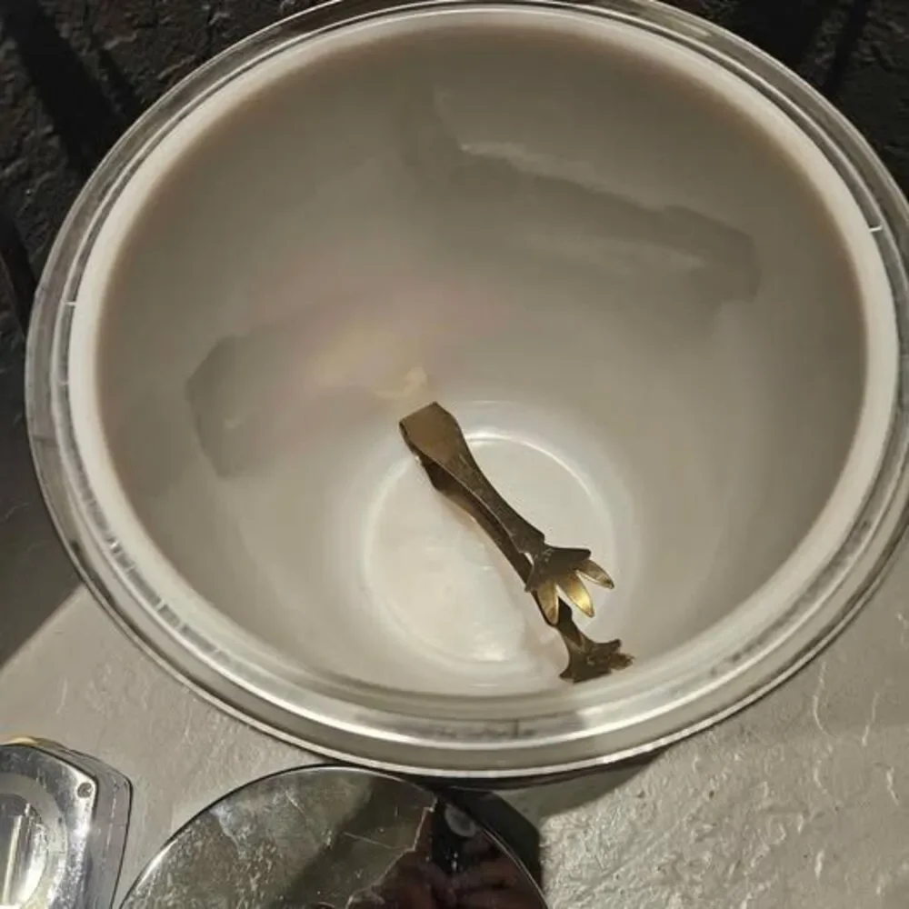 Vintage MCM Faux Walnut Wood and  Chrome Ice Bucket Kromex 8.5